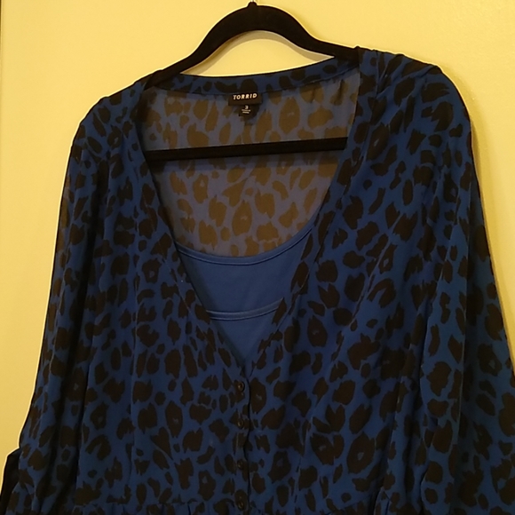 Torrid blue animal print sheer button up dress - Picture 2 of 6